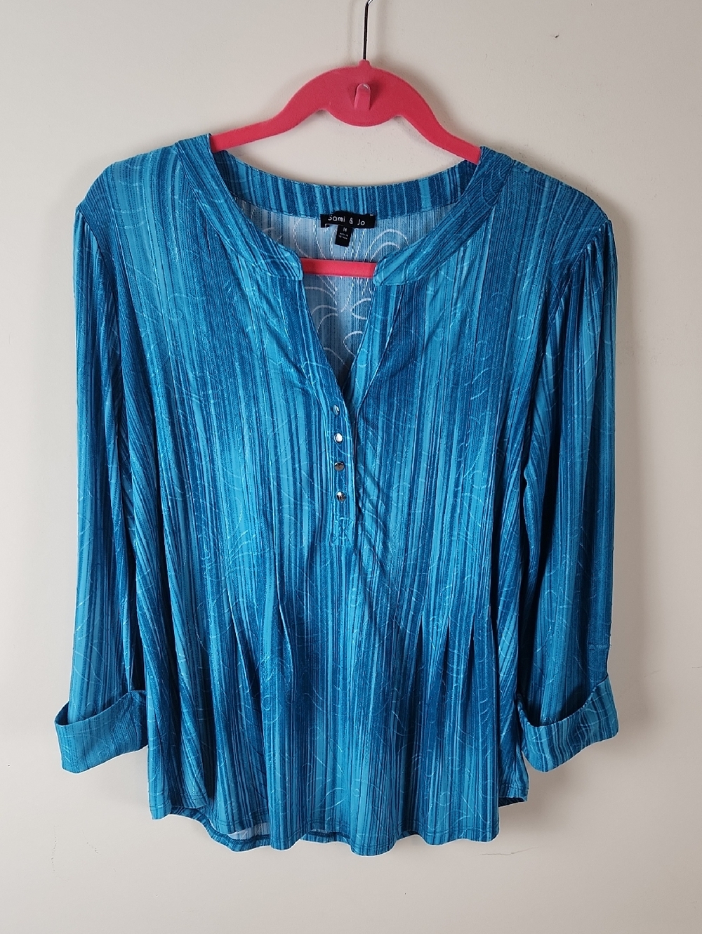 Sami & Jo Teal Blue Striped Long-Sleeve Textured Top